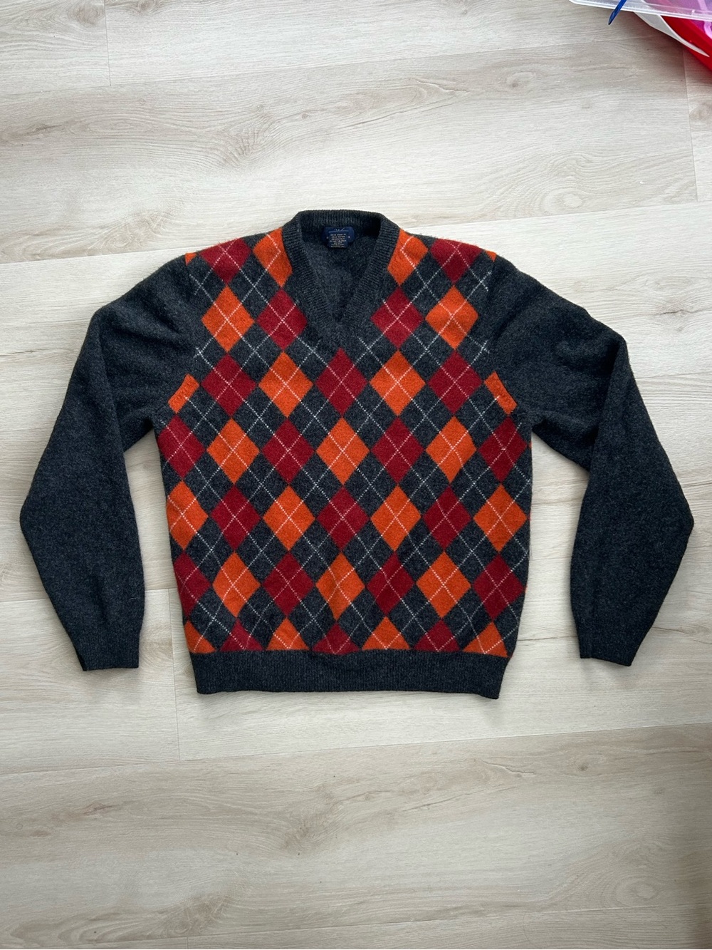 Brooks Brothers Lambswool Dark Gray V-Neck Sweater with Red & Orange Argyle